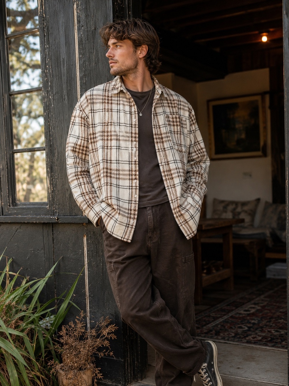 ASOS Design Men’s Cream Plaid Wool Blend Overshirt Shacket 2XL Coastal Grandpa